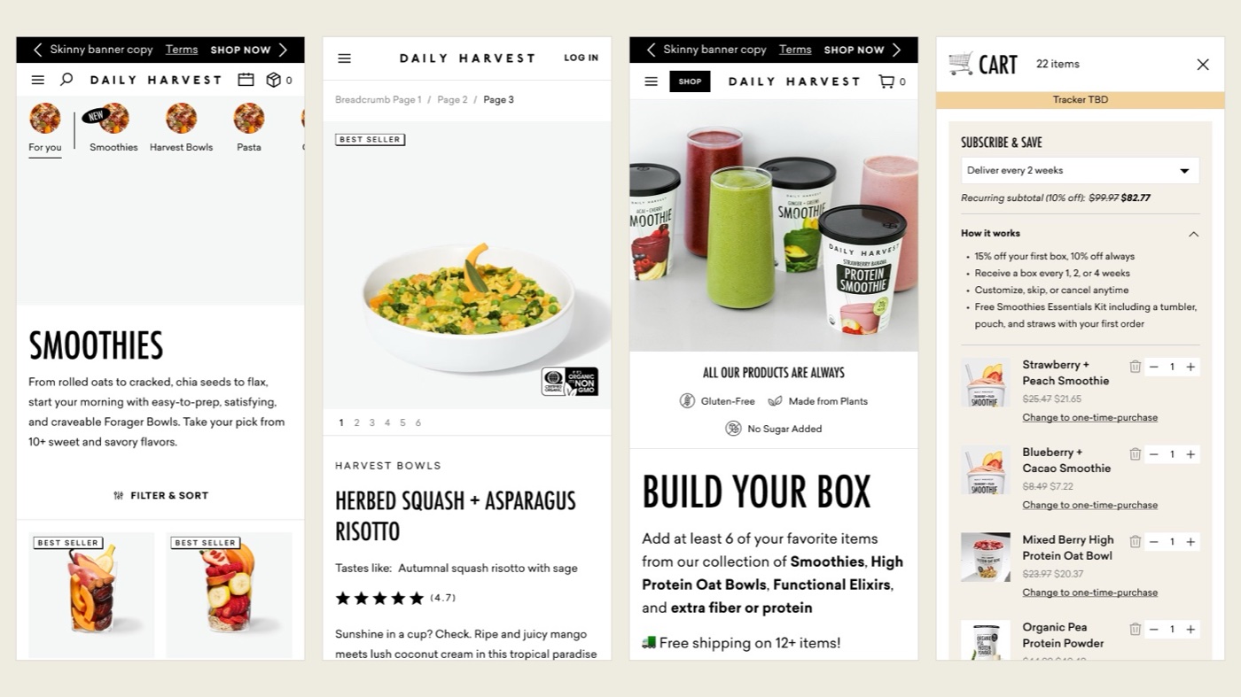 Four Daily Harvest mobile screens built from one design system: category, product page, build your box and cart