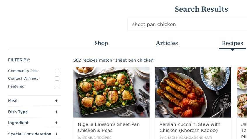 Food52 recipe search results for “sheet pan chicken,” with filters beside the recipe grid