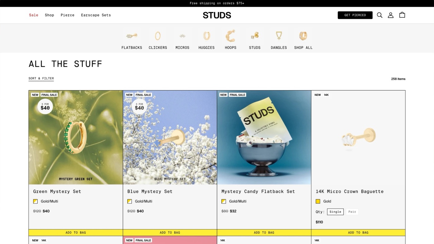 Studs category page in the new design: earring categories above an “All the stuff” product grid