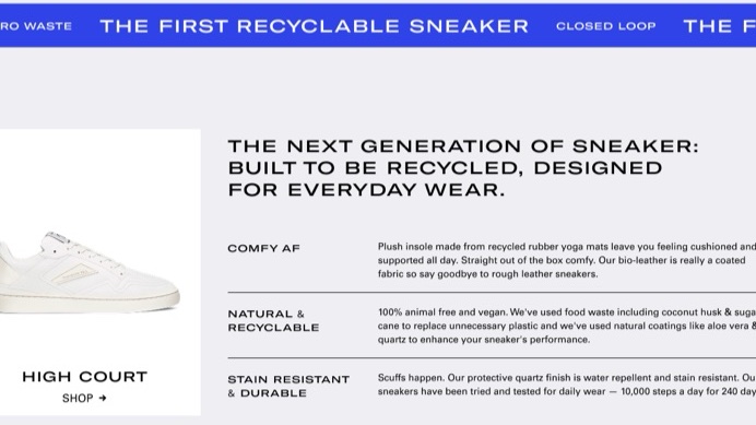 Thousand Fell home page: the High Court sneaker beside its comfort, materials and durability details