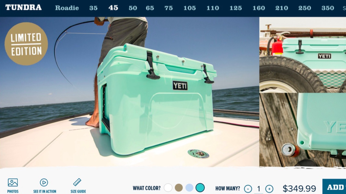 YETI product page: a seafoam Tundra cooler on a boat deck, with size, color and quantity selectors